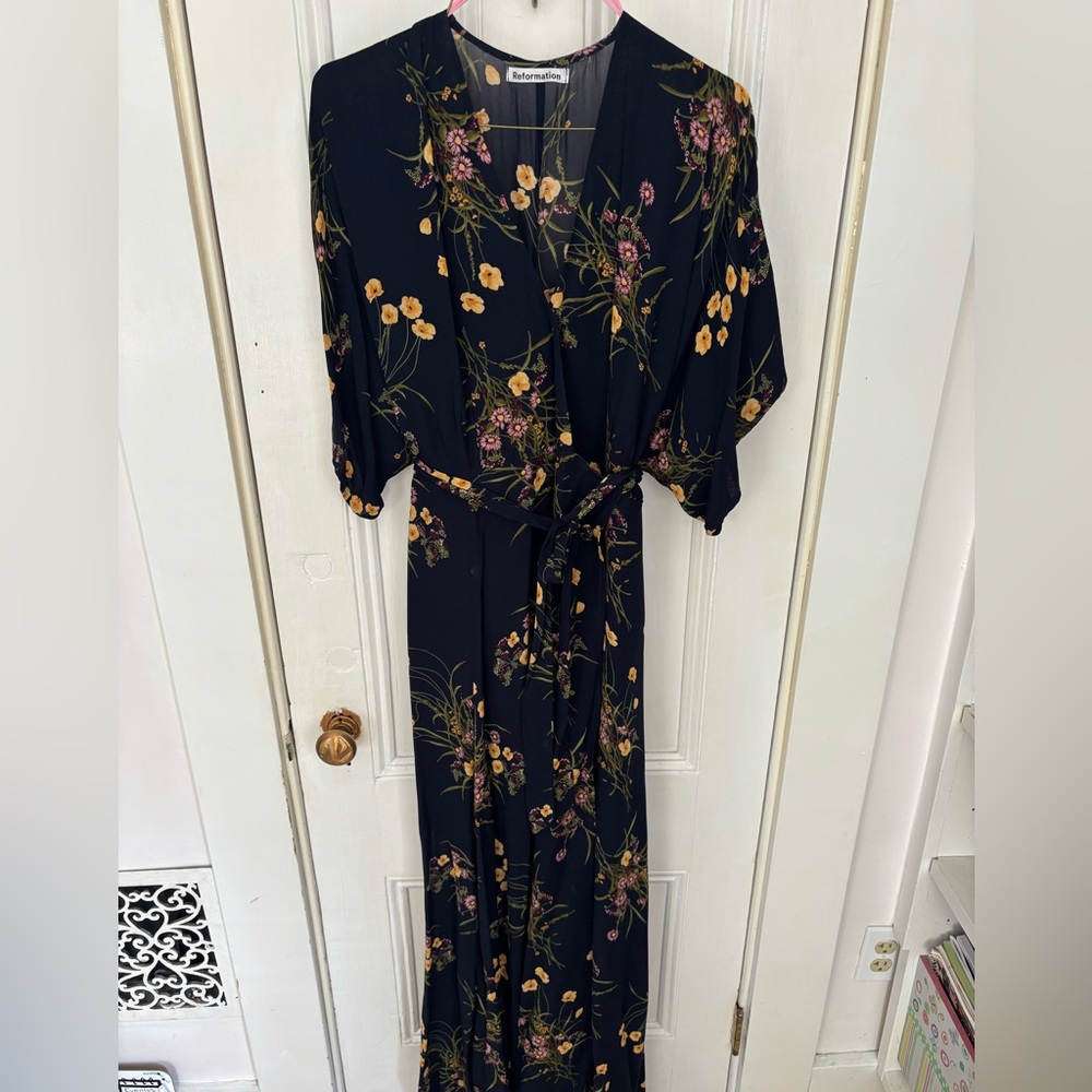 Reformation Navy Floral Wrap Maxi Dress with Yellow & Pink Flowers